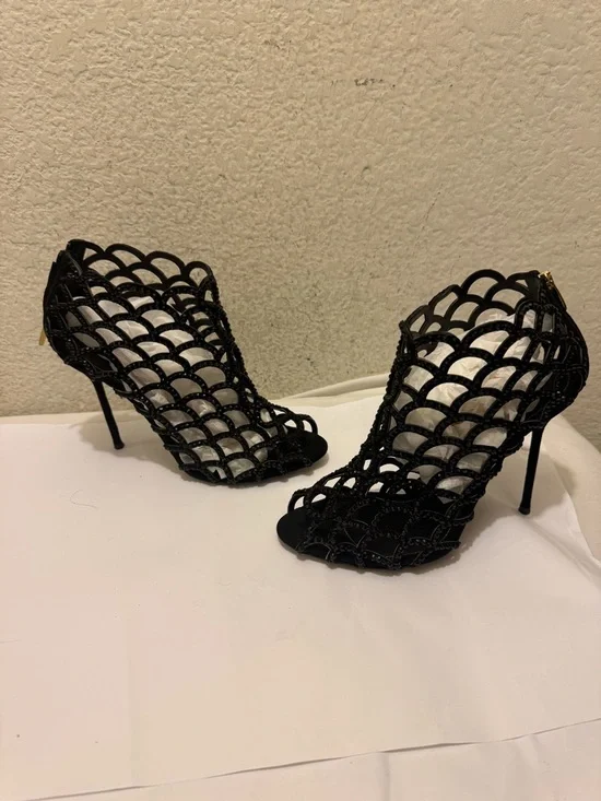 Sergio Rossi Black Scalloped crystal Laser-Cut Peep-Toe Stilettos size 38.5 - Picture 2 of 11
